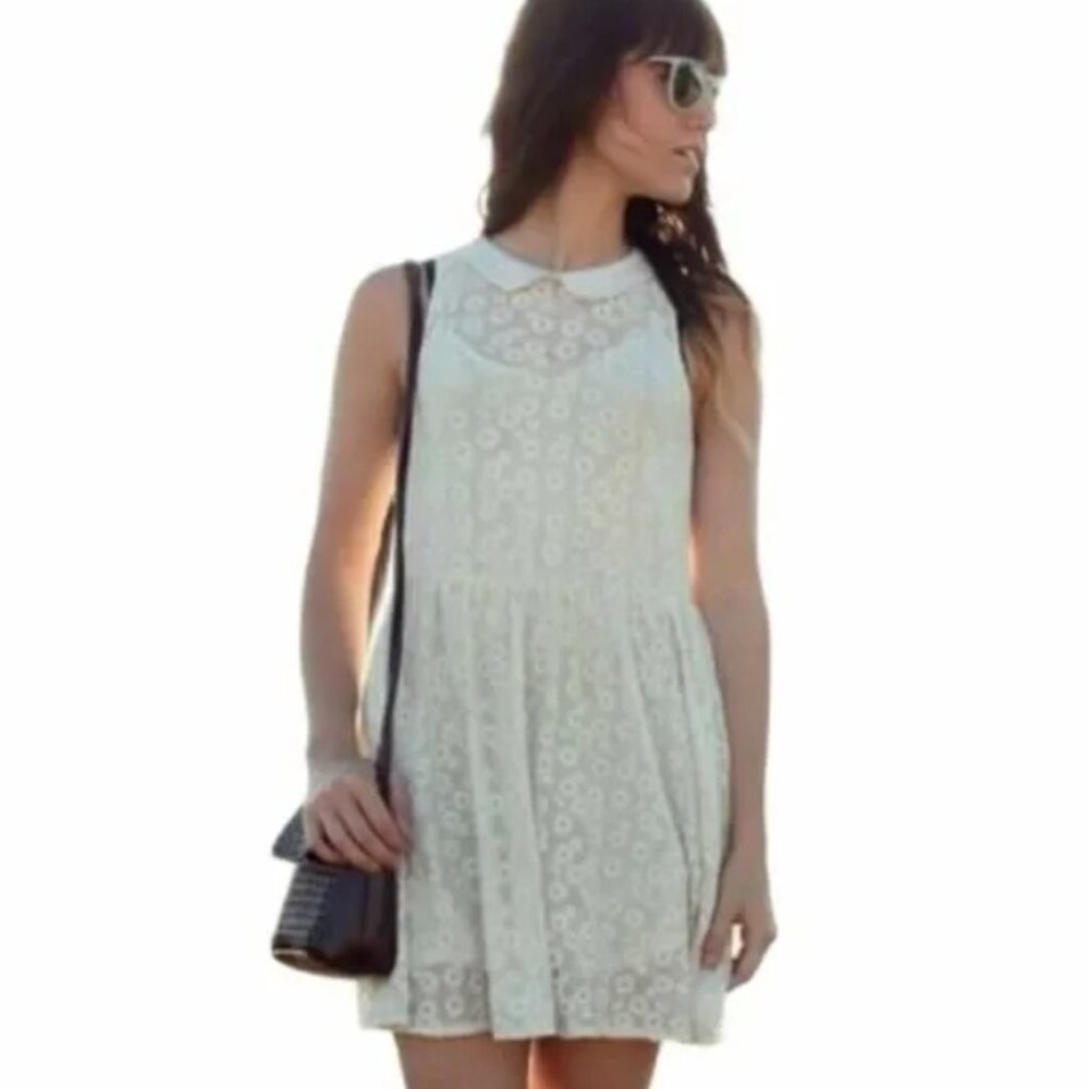 Free People White Peter Pan Floral Daisy Lace Mini Dress XS